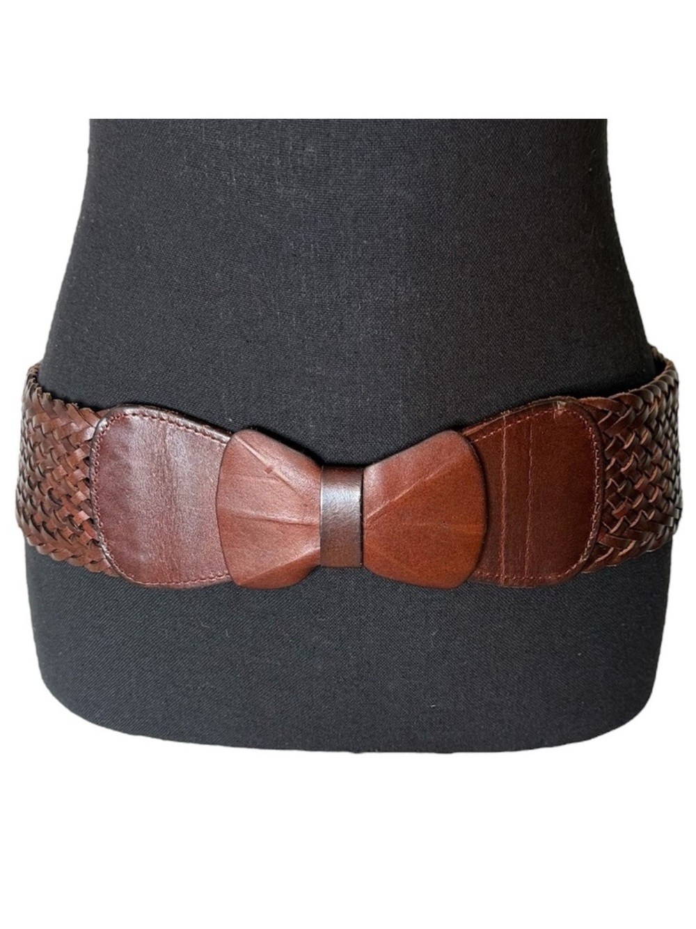 YIK FUNG Brown Leather Bow Front Elastic Snap Belt Wide Braided Vintage Y2K